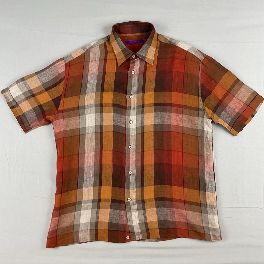 Kuhlman Mens Made in Italy Plaid Linen Shirt Size 3‎